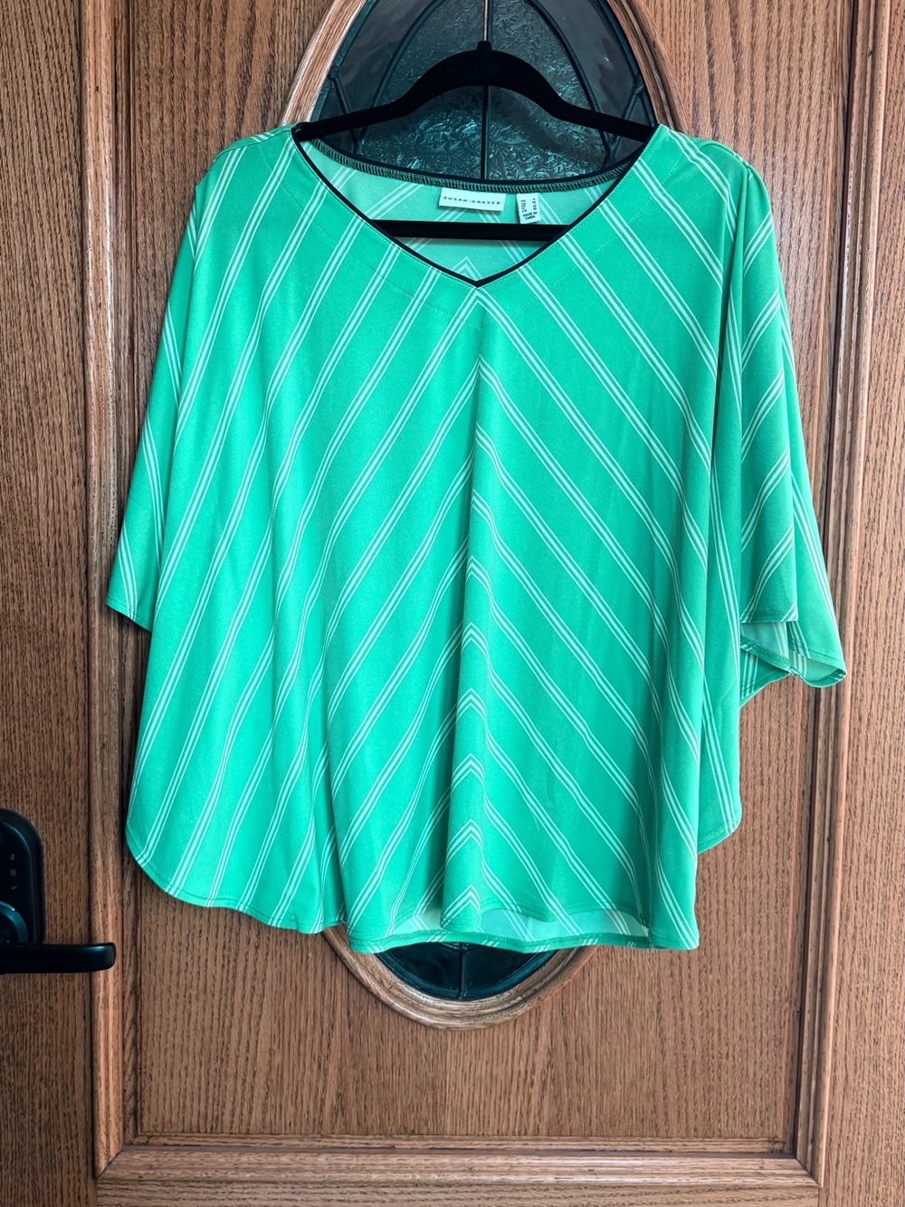 Susan Graver Green Striped V-Neck Top Size S